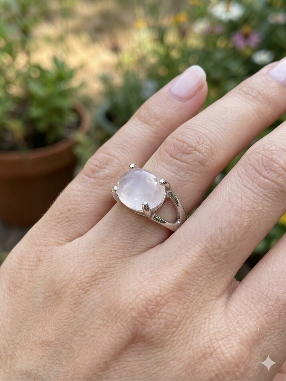 Rose-Quartz Oval Silver Ring Size 8